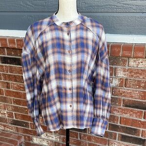 Gianni Bini Blue Tan Plaid Button Down Blouse Size XL Cotton Raglan Long Sleeve